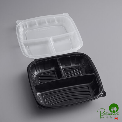 10" x 10" x 3" Microwaveable 3-Compartment Black / Clear Plastic Hinged Container By Prime - 100/Case