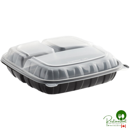 10" x 10" x 3" Microwaveable 3-Compartment Black / Clear Plastic Hinged Container By Prime - 100/Case