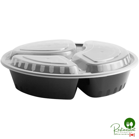33 oz. Black Round 3-Compartment Microwavable Heavy Weight Container with Lid By Prime - 150/Case