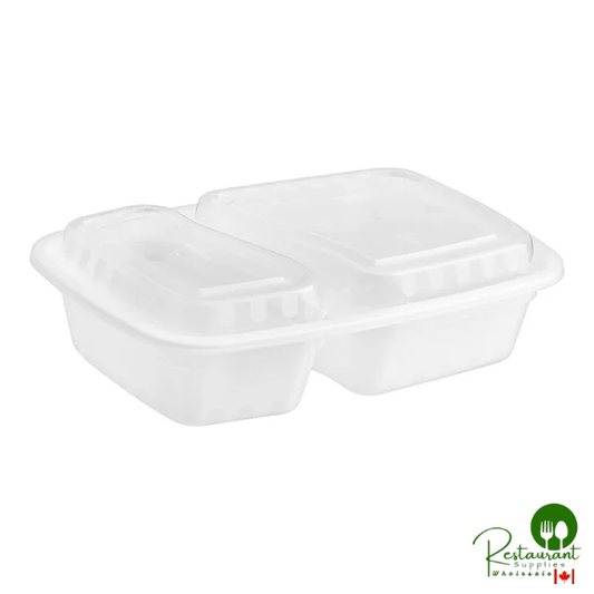 30 oz. White 2-Compartment Rectangular Microwavable Heavy Weight Container with Lid By Prime - 150/Case