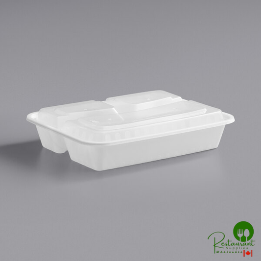 36 oz. White 3-Compartment Rectangular Microwavable Heavy Weight Container with Lid By Prime - 150/Case
