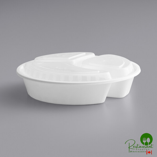 33 oz. White Round 3-Compartment Microwavable Heavy Weight Container with Lid By Prime - 150/Case