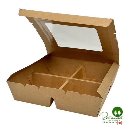 VerTerra 9" x 9" x 2" Paperboard Bento Box with 4 Compartments and Attached Window Lid - 100/Case