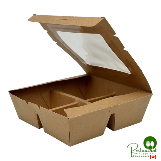 VerTerra 7" x 7" x 2" Paperboard Bento Box with 4 Compartments and Attached Window Lid - 200/Case