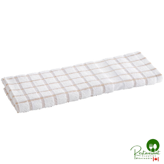 Oxford Kitchen Ensemble 15" x 25" White / Tan Windowpane 32 oz. 100% Ringspun Cotton Kitchen Towel - 144/Case