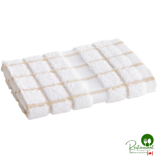 Oxford Kitchen Ensemble 12" x 12" White / Tan Windowpane 16 oz. 100% Ringspun Cotton Dish Cloth - 288/Case