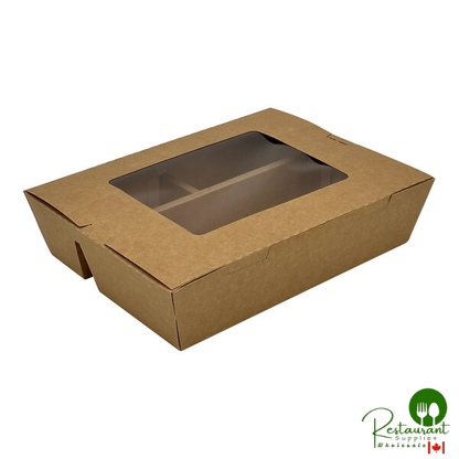 VerTerra 9" x 7" x 2" Paperboard Bento Box with 3 Compartments and Attached Window Lid - 200/Case