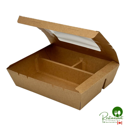 VerTerra 9" x 7" x 2" Paperboard Bento Box with 3 Compartments and Attached Window Lid - 200/Case
