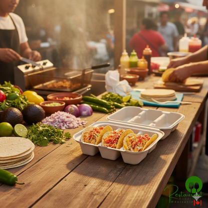 World Centric 3-Compartment Compostable Fiber Taco Clamshell 8" x 7" x 3" - 300/Case