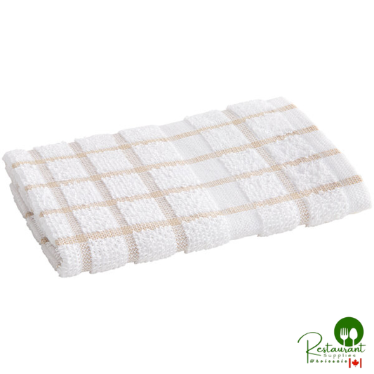 Oxford Premium Kitchen 12" x 12" White / Tan Windowpane 20 oz. 100% Ringspun Cotton Dish Cloth - 300/Case