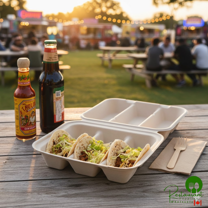 World Centric 3-Compartment Compostable Fiber Taco Clamshell 9" x 8" x 3" - 300/Case