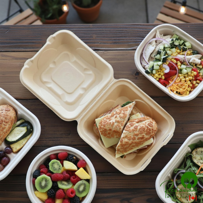 World Centric 8" x 8" x 3" 3-Compartment Compostable PLA Lined Fiber Clamshell Container - 300/Case