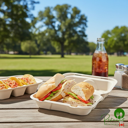 World Centric 9" x 6" x 3" Compostable Fiber Hoagie Clamshell with Leaf Plus - 500/Case
