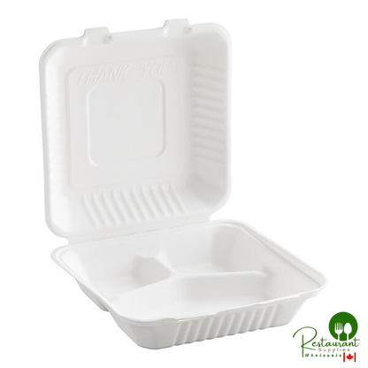 9" x 9" x 3" White Plant Fiber 3 Compartment Takeout Container By Prime - 200/Case