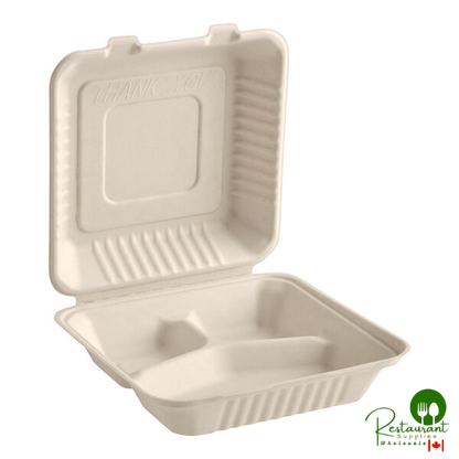 9" x 9" x 3" Natural Plant Fiber 3-Compartment Take-Out Container By Prime - 200/Case