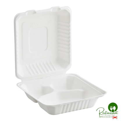 8" x 8" x 3" Compostable White Plant Fiber 3 Compartment Take-Out Container By Prime - 200/Case
