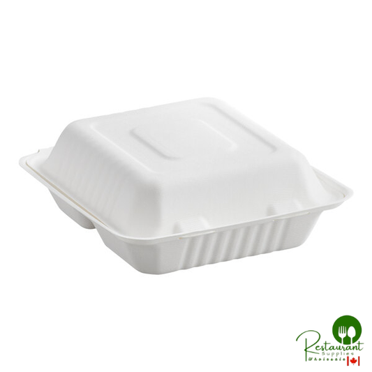 8" x 8" x 3" Compostable White Plant Fiber 3 Compartment Take-Out Container By Prime - 200/Case