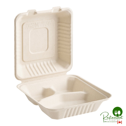 8" x 8" x 3" Natural Plant Fiber 3-Compartment Take-Out Container By Prime - 200/Case