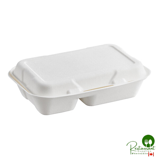 9" x 6" x 3" Compostable White Plant Fiber 2 Compartment Takeout Container By Prime - 200/Case