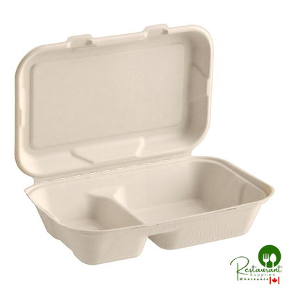 9" x 6" x 3" Natural Plant Fiber 2-Compartment Take-Out Container By Prime - 200/Case
