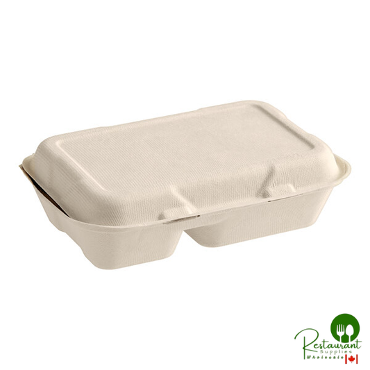 9" x 6" x 3" Natural Plant Fiber 2-Compartment Take-Out Container By Prime - 200/Case