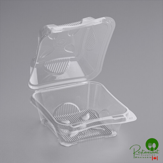 World Centric Clear Compostable PLA Hinged Clamshell Container 6" x 6" x 3" - 500/Case