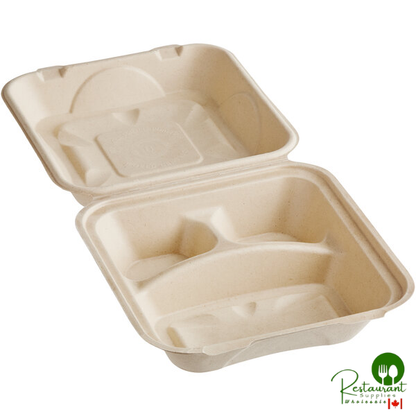 World Centric 9" x 9" x 3" 3-Compartment Compostable PLA Lined Fiber Clamshell Container - 300/Case