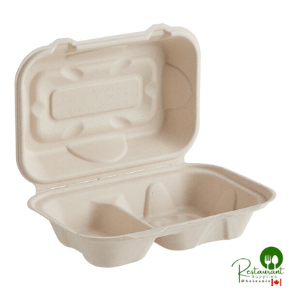 World Centric 9" x 6" x 3" 2-Compartment Compostable Fiber Hoagie Clamshell with Leaf Plus - 500/Case