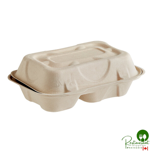 World Centric 9" x 6" x 3" 2-Compartment Compostable Fiber Hoagie Clamshell with Leaf Plus - 500/Case