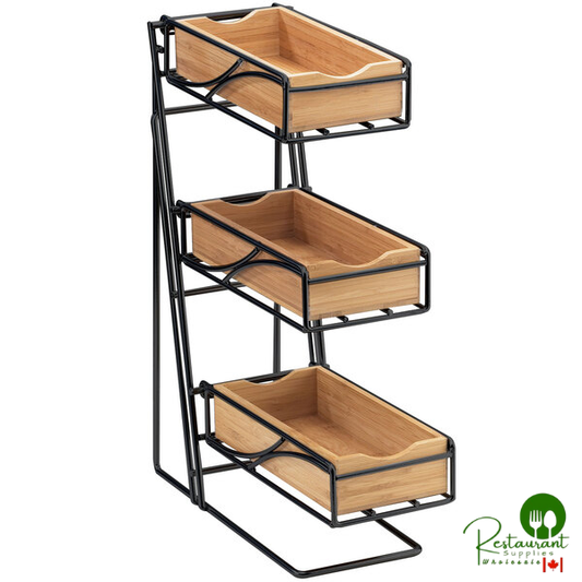 Cal-Mil 1235-13-60 Bamboo Black 3-Tier Metal Flatware / Condiment Display with Bamboo Bins