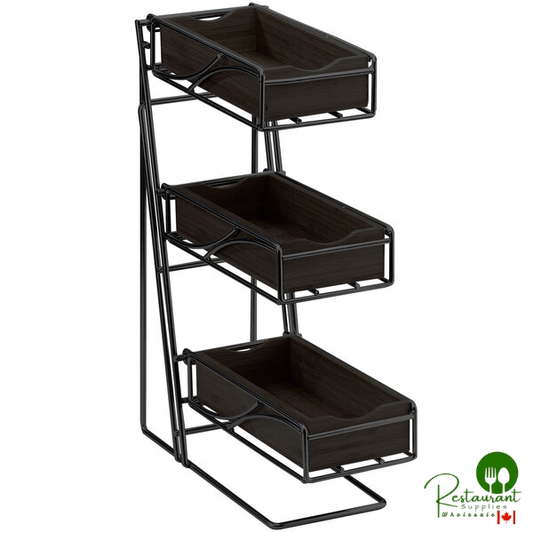 Cal-Mil 1235-13-96 Midnight Black 3-Tier Metal Flatware / Condiment Display with Bamboo Bins