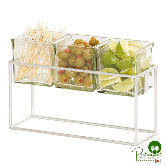 Cal-Mil Milo 12 1/2" x 4 1/2" x 6" Chrome Condiment Display with 3 Square Glass Jars