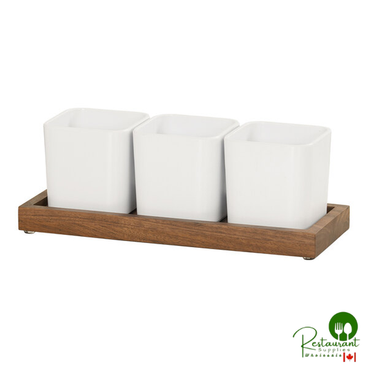 Cal-Mil Sydney 12 3/4" x 5" x 4 1/2" Walnut Condiment Organizer with 3 White Square Melamine Jars