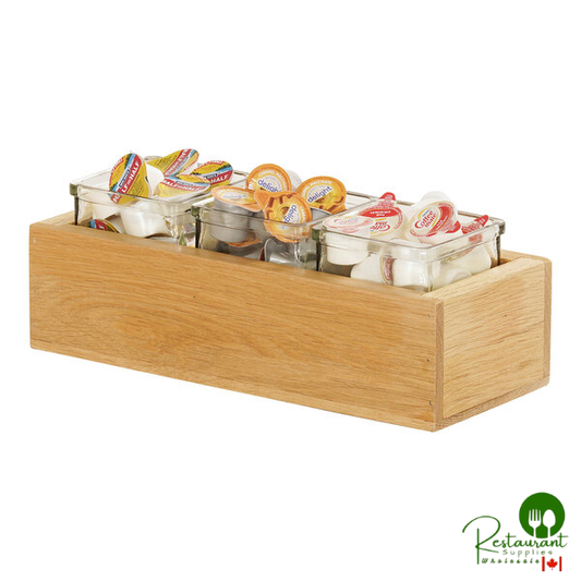 Cal-Mil Sydney 12 3/4" x 5" x 7 1/2" Oak Condiment Organizer with 3 Square Glass Jars