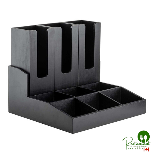 TableCraft 15" x 14" x 7 1/2" 9-Compartment Black Bamboo Coffee Condiment Organizer with Removable Cup Holders