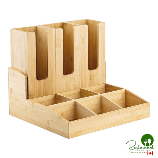 TableCraft 15" x 14" x 7 1/2" 9-Compartment Bamboo Coffee Condiment Organizer with Removable Cup Holders