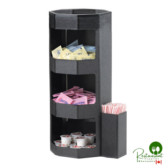 Service Ideas 9 1/4" x 7" x 17 1/4" 3-Tier Black Plastic Octagonal Condiment Caddy with Side Compartment