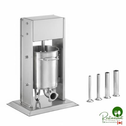 SS-20VKIT 20 lb. Stainless Steel Vertical Hybrid Electric or Manual Sausage Stuffer with 5/8", 7/8", 1 1/4", and 1 1/2" Stainless Steel Funnels By Prime - 120V