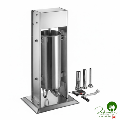 SS-30VKIT 30 lb. Stainless Steel Vertical Hybrid Electric / Manual Sausage Stuffer with 5/8", 7/8", 1 1/4", and 1 1/2" Stainless Steel Funnels By Prime - 120V