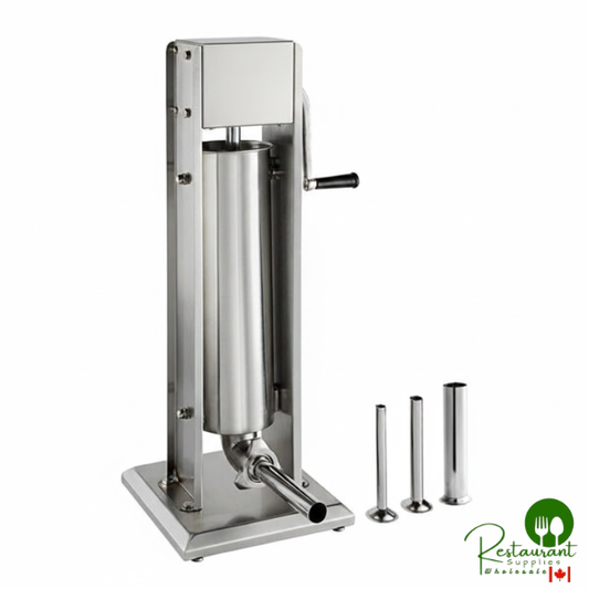 SS-15V 15 lb. Stainless Steel Vertical Manual Sausage Stuffer with 5/8", 7/8", 1 1/4", and 1 1/2" By PrimeStainless Steel Funnels