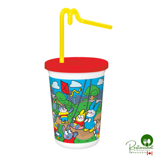 12 oz. Animal Print Plastic Kids Cup with Reusable Lid and Curly Straw - 250/Case