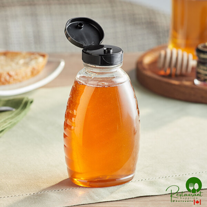 11 oz. (16 oz. Honey Weight) Classic Queenline PET Honey Bottle with Heat Induction Seal Liner Black Plastic Flip Top Lid - 295/Case
