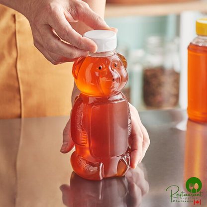 16 oz. (24 oz. Honey Weight) Bear PET Honey Bottle with Heat Induction Seal Liner White Plastic Flip Top Lid - 185/Case