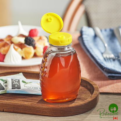 8 oz. (12 oz. Honey Weight) Classic Queenline PET Honey Bottle with Pressure Sensitive Liner Yellow Plastic Flip Top Lid - 385/Case