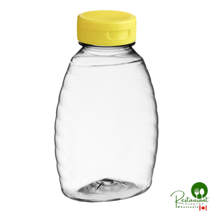 8 oz. (12 oz. Honey Weight) Classic Queenline PET Honey Bottle with Pressure Sensitive Liner Yellow Plastic Flip Top Lid - 385/Case