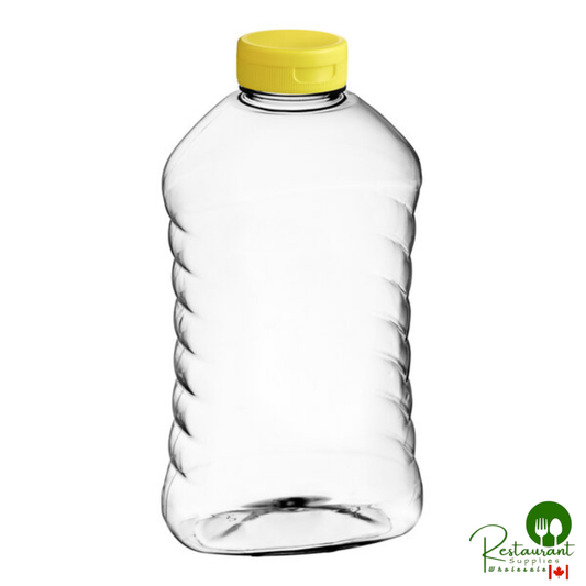 22 oz. (32 oz. Honey Weight) Ribbed Hourglass PET Honey Bottle with Pressure Sensitive Liner Yellow Plastic Flip Top Lid - 159/Case