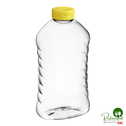 27 oz. (40 oz. Honey Weight) Ribbed Hourglass PET Honey Bottle with Pressure Sensitive Liner Yellow Plastic Flip Top Lid - 135/Case