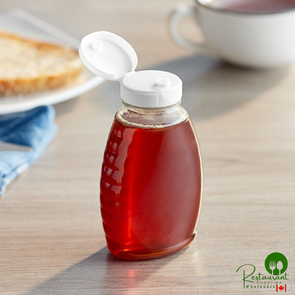 8 oz. (12 oz. Honey Weight) Classic Queenline PET Honey Bottle with Heat Induction Seal Liner White Plastic Flip Top Lid - 385/Case