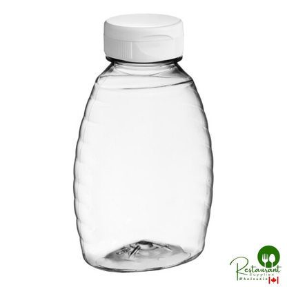 8 oz. (12 oz. Honey Weight) Classic Queenline PET Honey Bottle with Heat Induction Seal Liner White Plastic Flip Top Lid - 385/Case