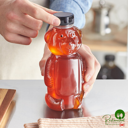 16 oz. (24 oz. Honey Weight) Bear PET Honey Bottle with Pressure Sensitive Liner Black Plastic Flip Top Lid - 185/Case